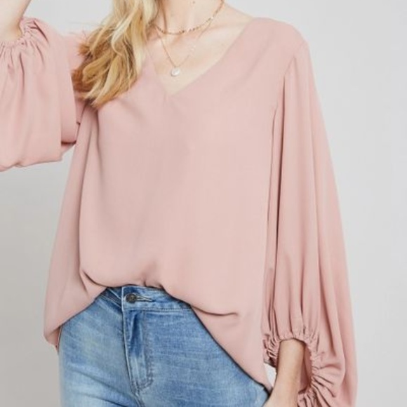 Balloon Sleeve V-Neck Blouse in Ginger - Picture 1 of 6